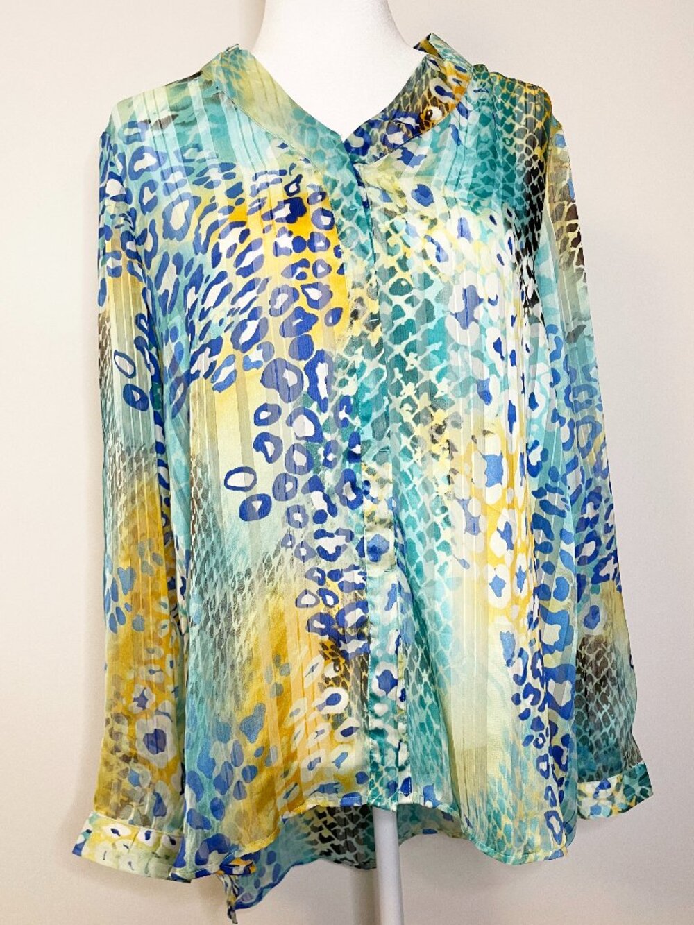 Jolibel Size 12 Sheer Animal Print Button Down Blouse Resortwear Y2K